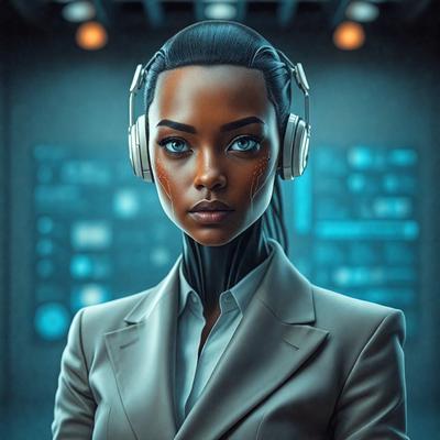 The primary subject of the image is a woman wearing a suit and headphones. She is standing in a room with a computer screen in the background. The visual style of the image is digital art, and the colors and mood are predominantly blue and futuristic.